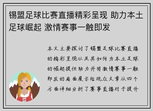 锡盟足球比赛直播精彩呈现 助力本土足球崛起 激情赛事一触即发